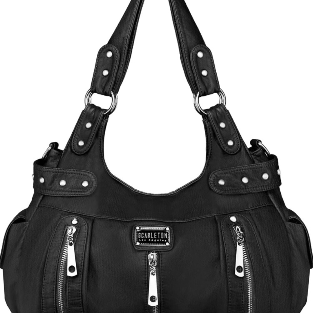 Scarleton Los Angeles Women's Black Purse Black/Silver Zippers Adjustable Straps